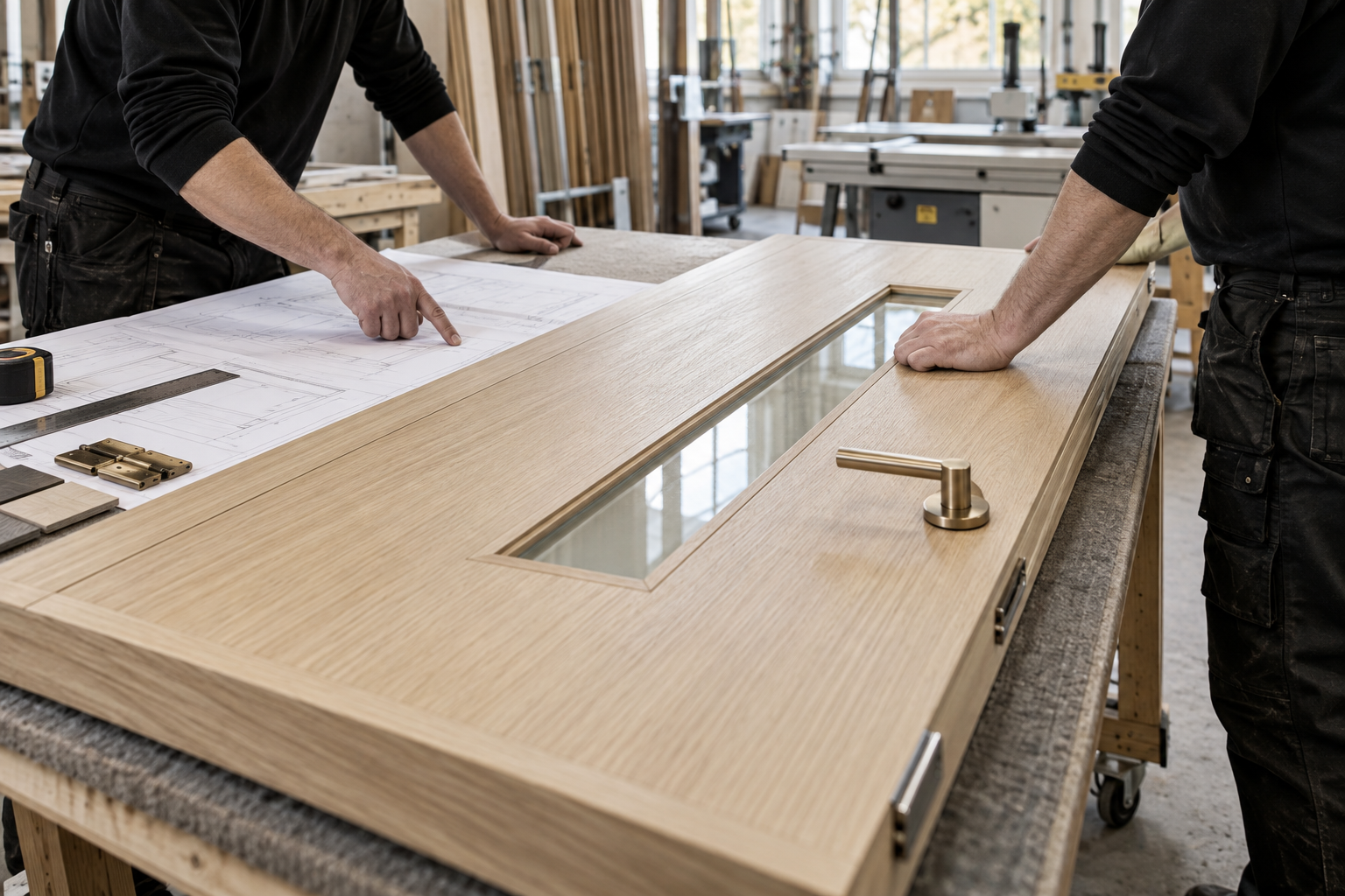 A doorset design being reviewed at a workshop bench